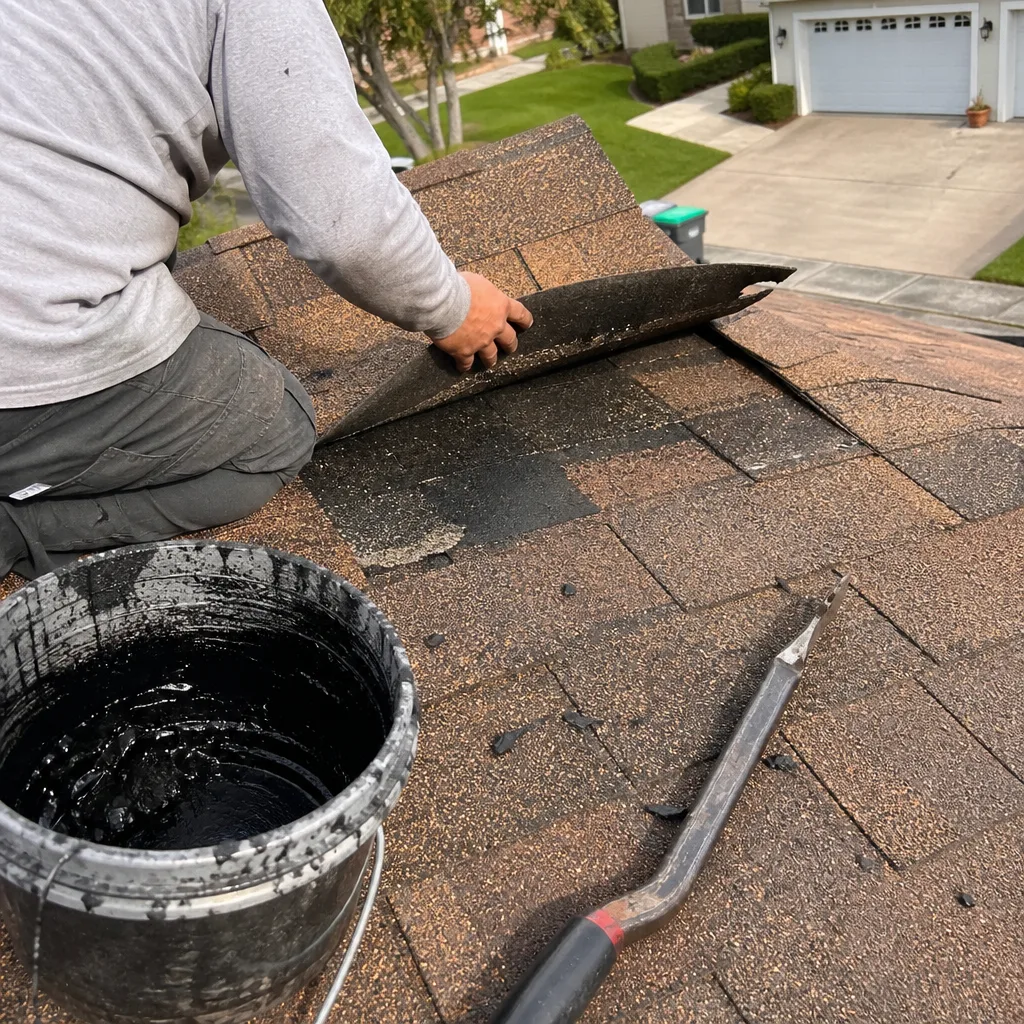 Roofing contractor repairing residential asphalt shingles on a home rooftop