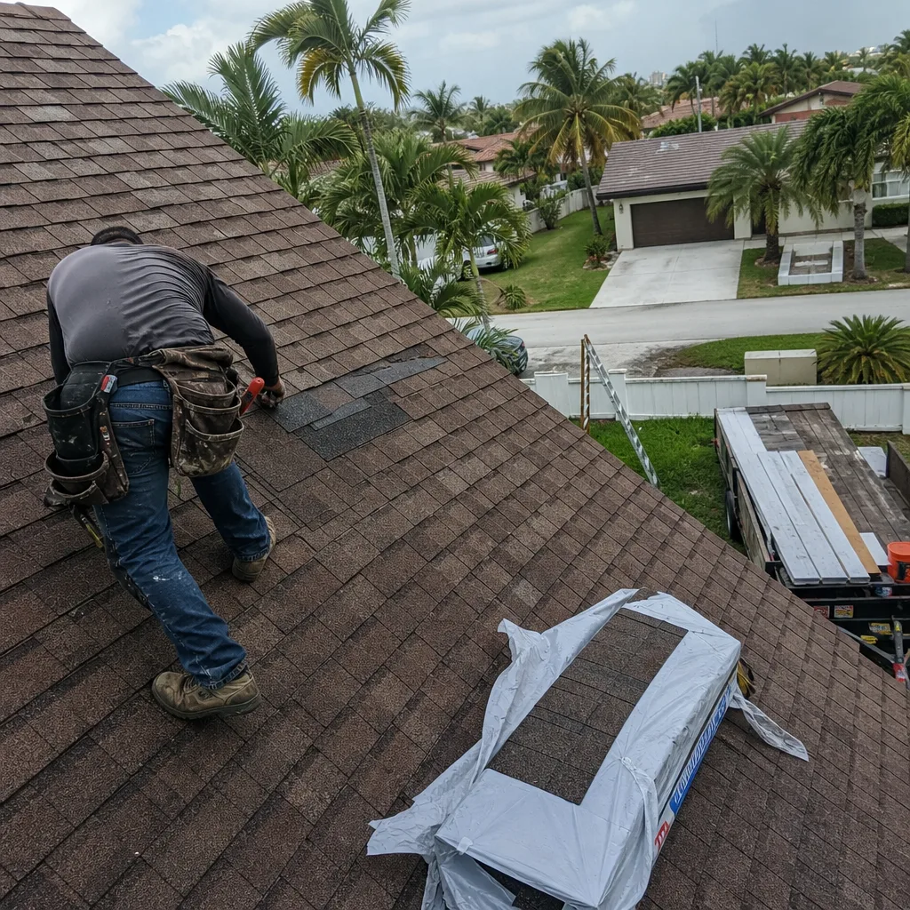 Roofing professional performing shingle replacement and roof repair on residential home.
